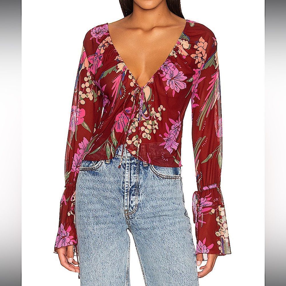 Free People Of Paradise Top Blouse Cocoa Combo Long Sleeve Womens Floral red NWT